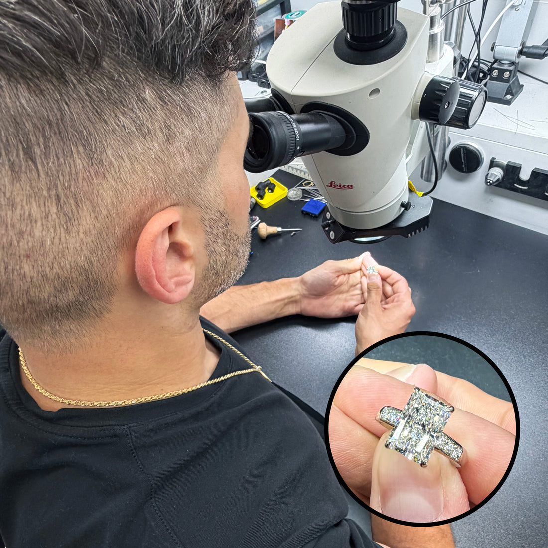 Quality assurance check on finished diamond engagement ring.