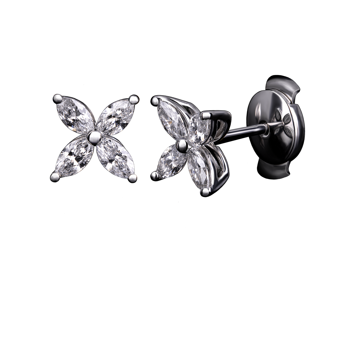 A pair of white gold stud earrings featuring four marquise-cut diamonds arranged in a flower shape.