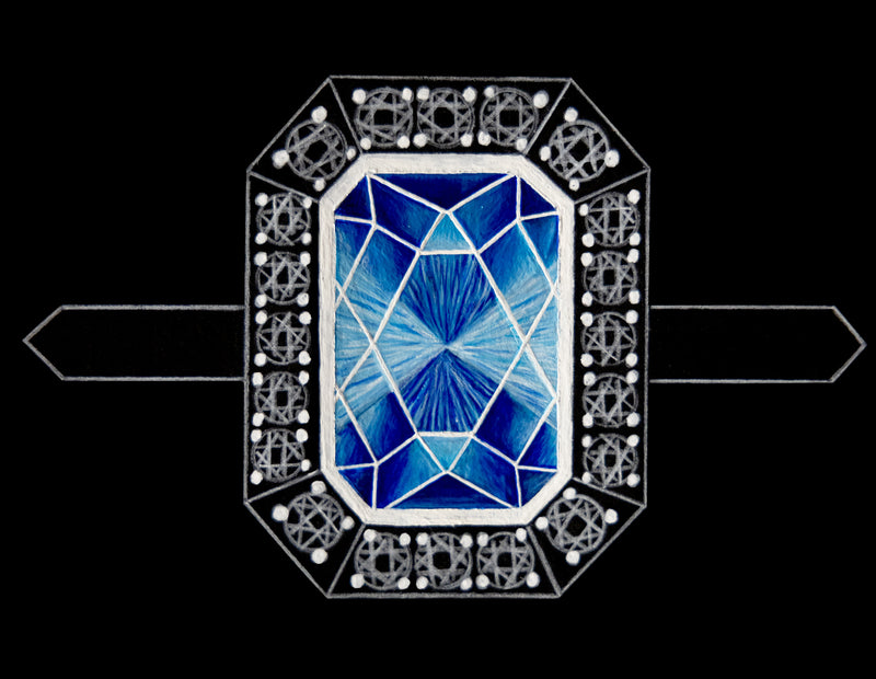 Emerald cut aquamarine with diamond halo ring sketch