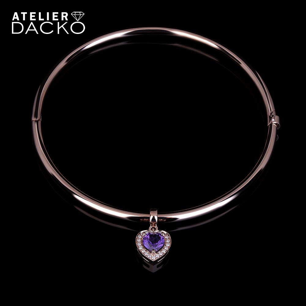 Solid Rose Gold Bangle with Amethyst Heart Charm