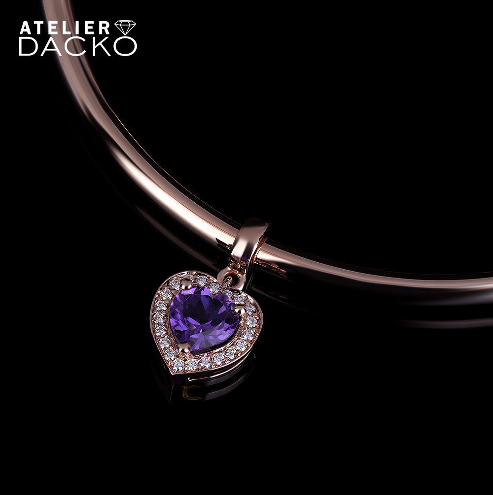 Solid Rose Gold Bangle with Amethyst Heart Charm