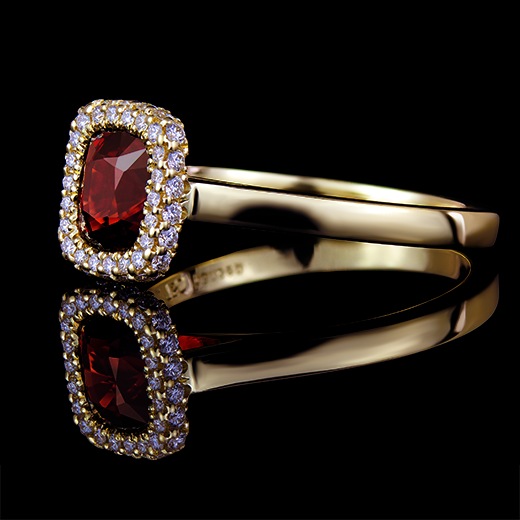 Cushion Shaped Red Spinel Custom Double Sided Clawless Halo G+ VS+ Diamonds Custom Mount Made in Yellow Gold (full view)