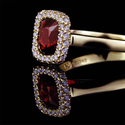 Cushion Shaped Red Spinel Custom Double Sided Clawless Halo G+ VS+ Diamonds Custom Mount Made in Yellow Gold