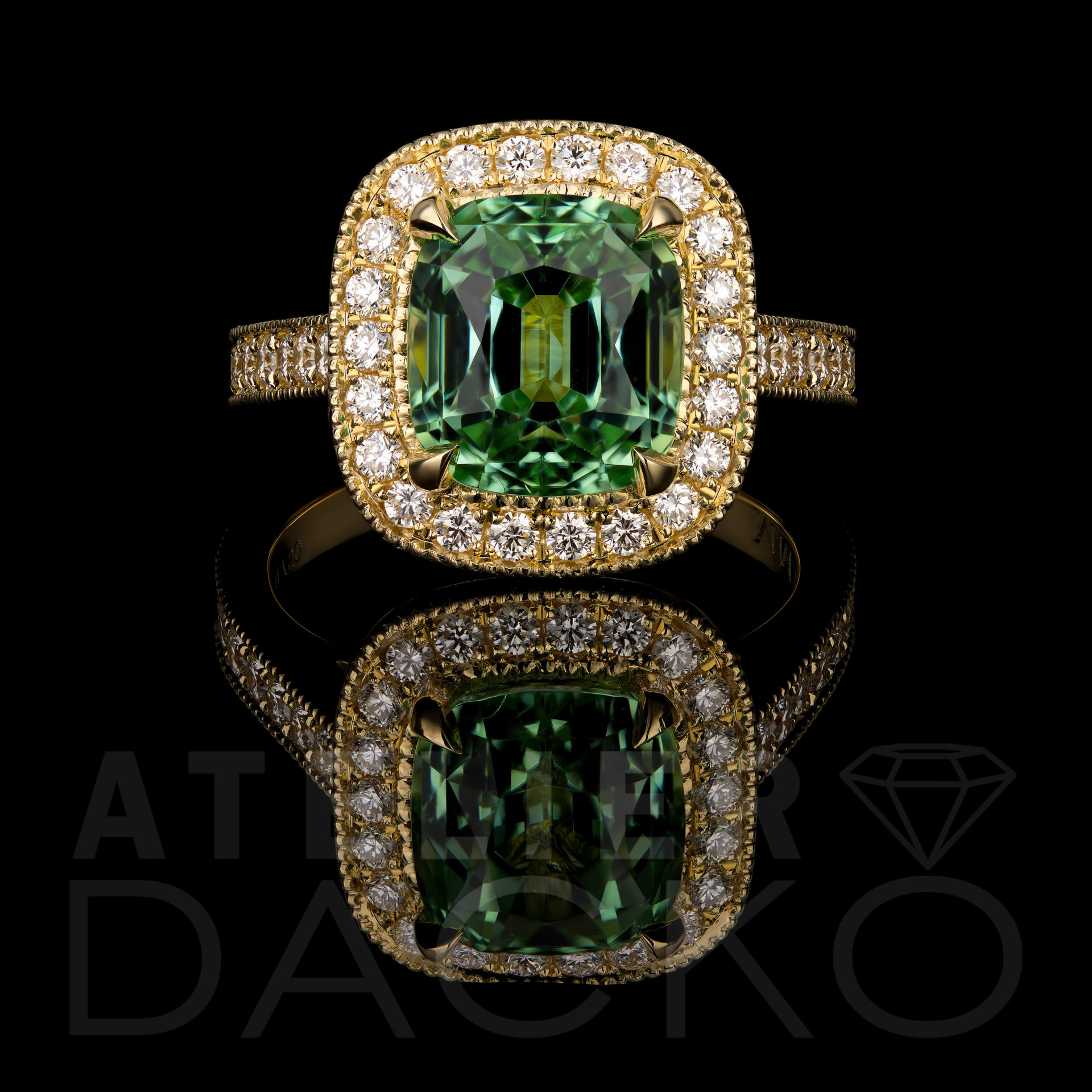 AD001 - 3.35 CT Mint Tourmaline Center Stone Halo Ring with Mill Grain - 1
