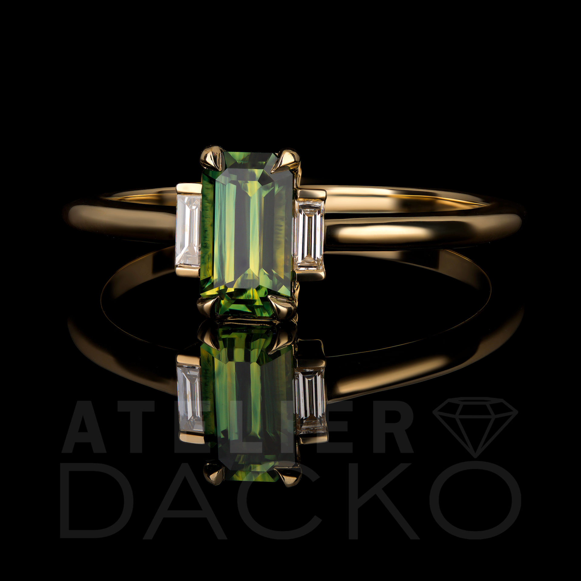 Close-Up 0.85 CT Emerald Cut Parti Sapphire in Three Stone Ring Setting