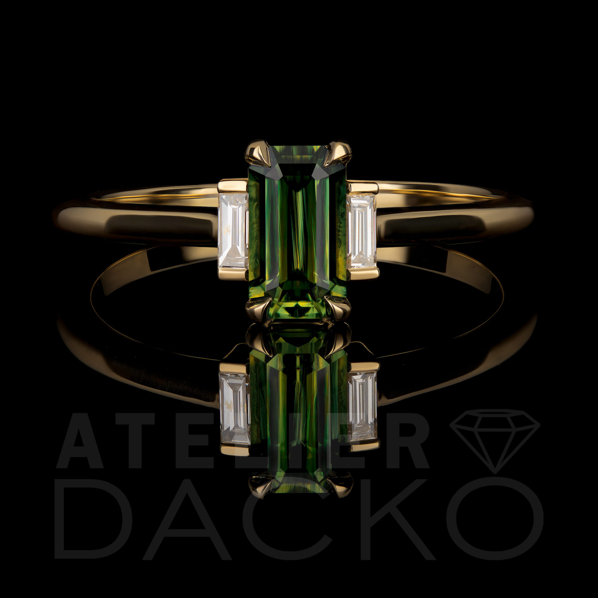 AD002 - 0.85 CT Emerald Cut Parti Sapphire in Three Stone Ring Setting - 2