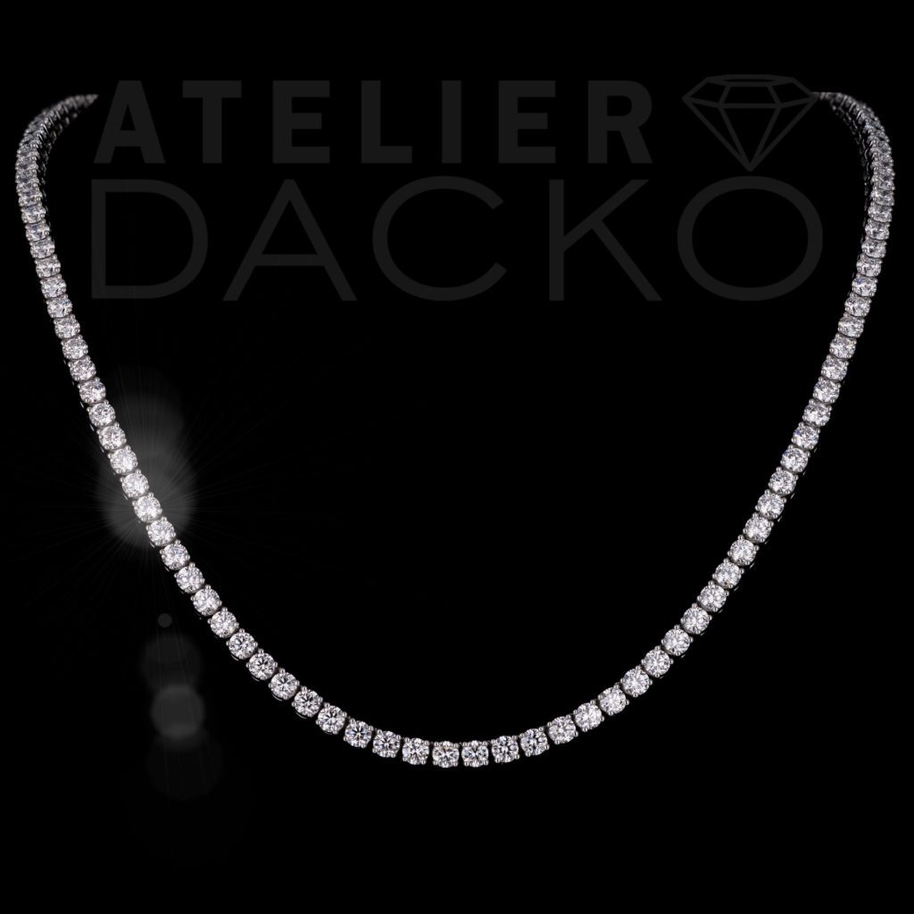 Front Facing 28.52 CT Platinum Tennis Necklace with Round Cut Diamonds