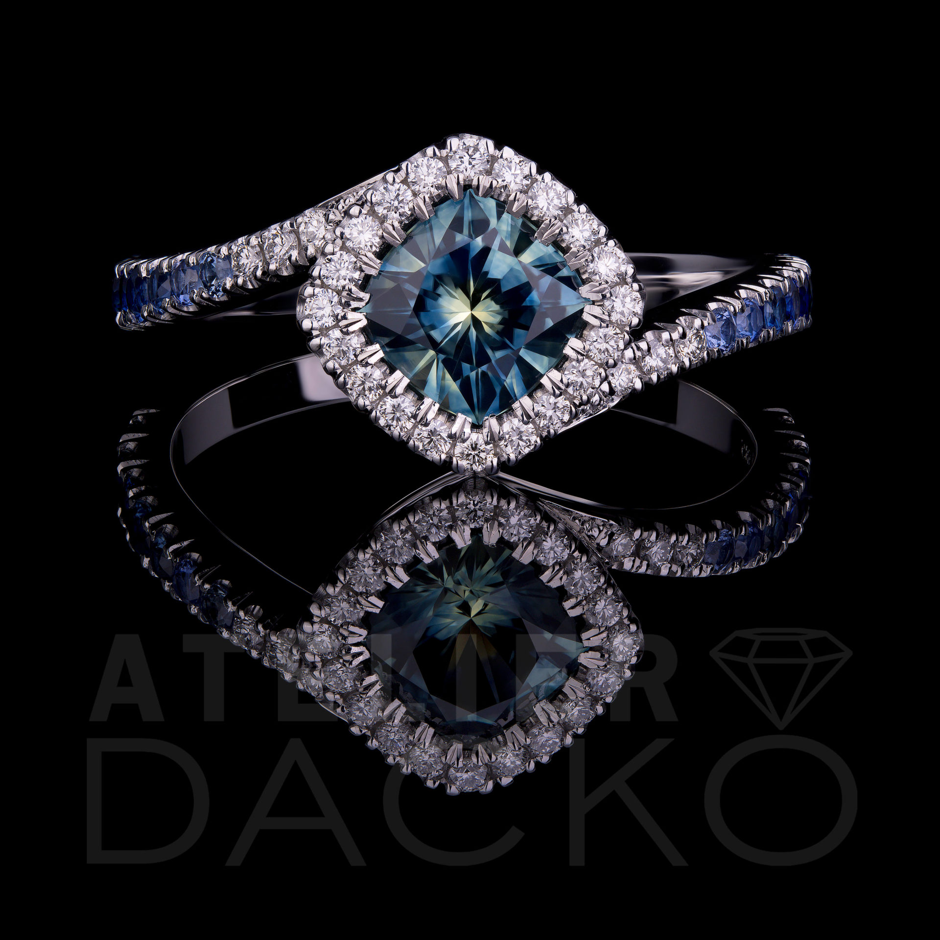 AD012 - 0.95 CT Blue Sapphire Clawless Halo Ring with a Gradient Band - 1