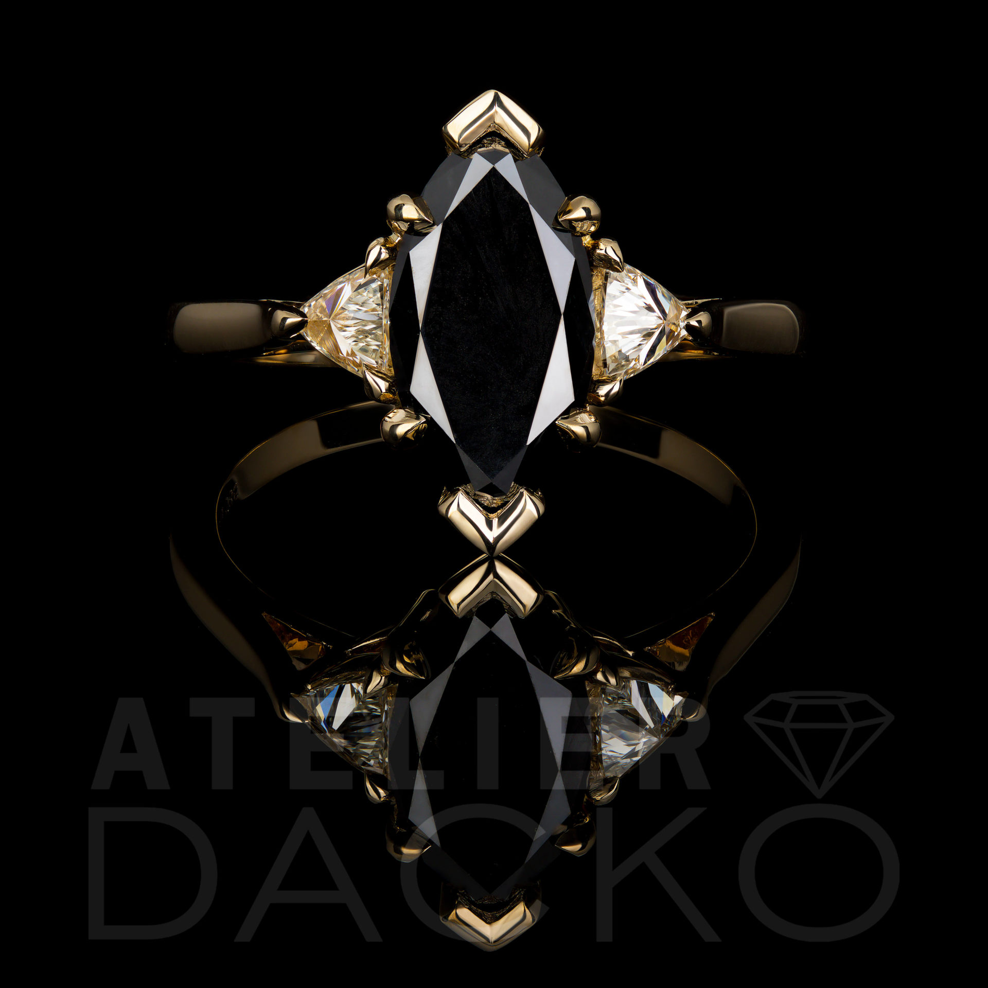 Front Facing 1.97 CT Marquise Black Diamond Ring in Three-Stone Setting