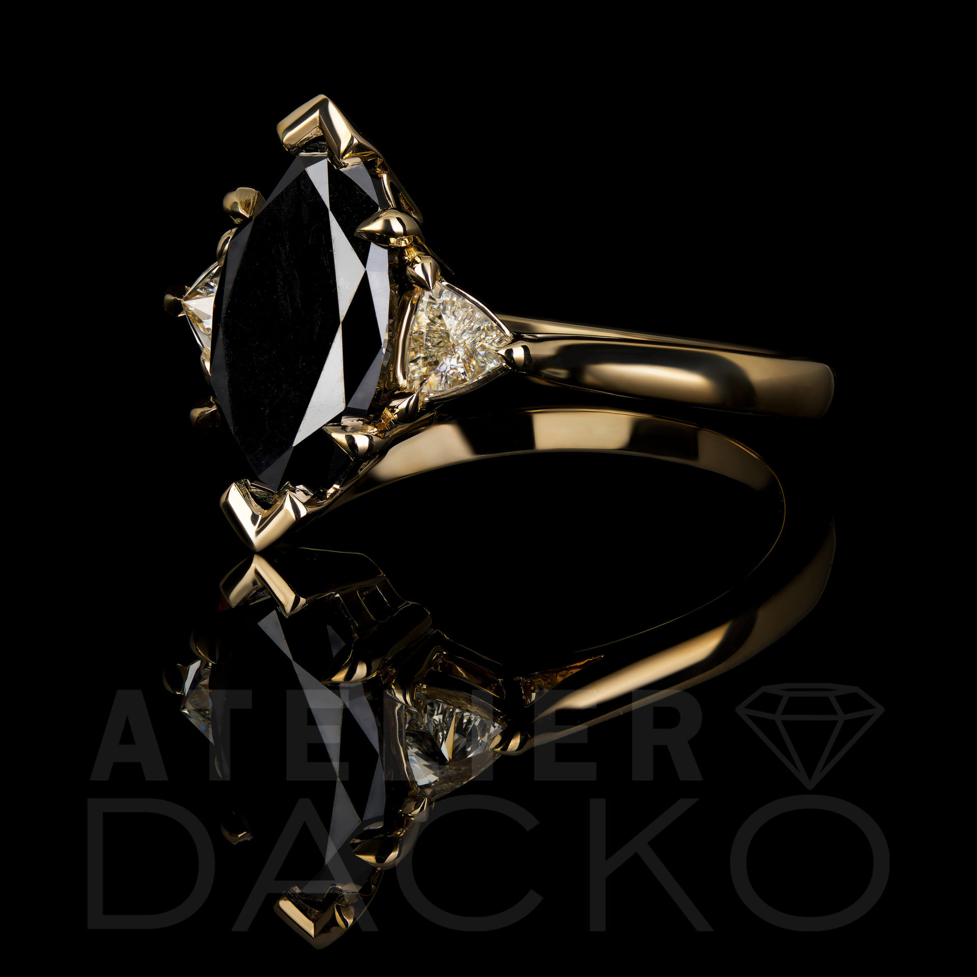 Side Facing 1.97 CT Marquise Black Diamond Ring in Three-Stone Setting