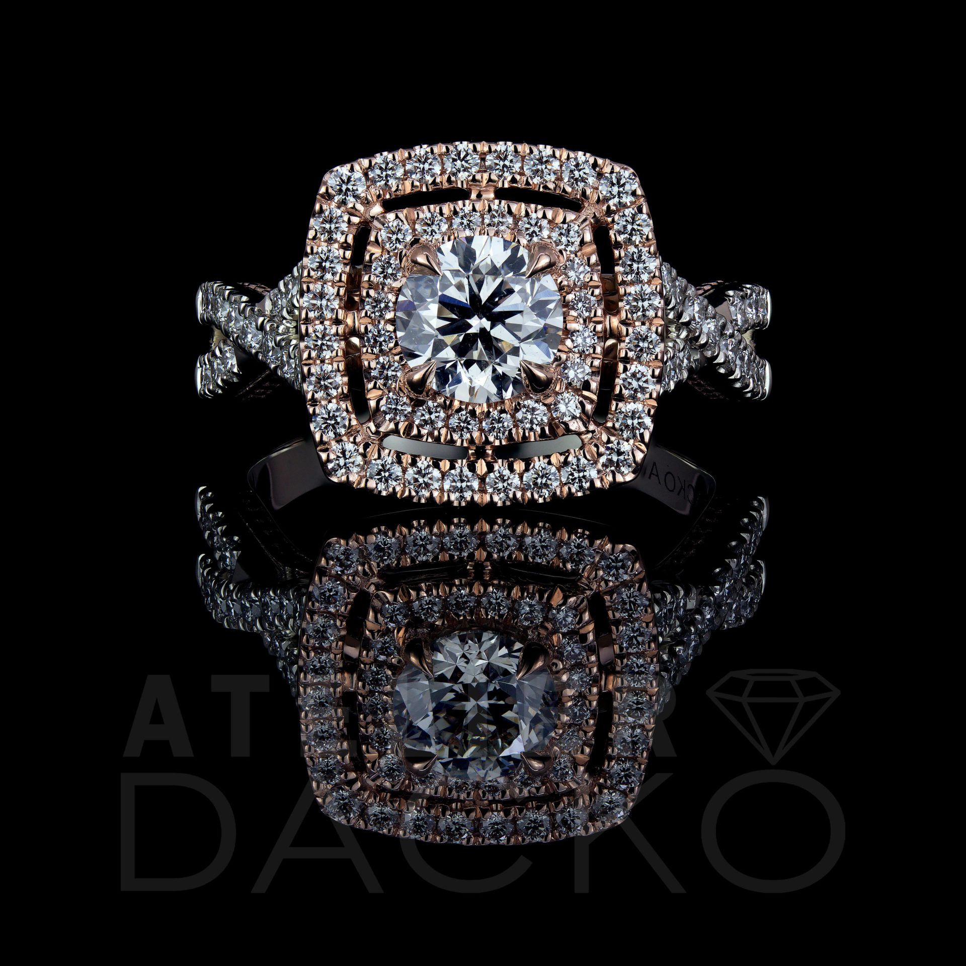 Front Facing 0.64 CT Round Diamond Double Halo Ring with a Ribbon Shank