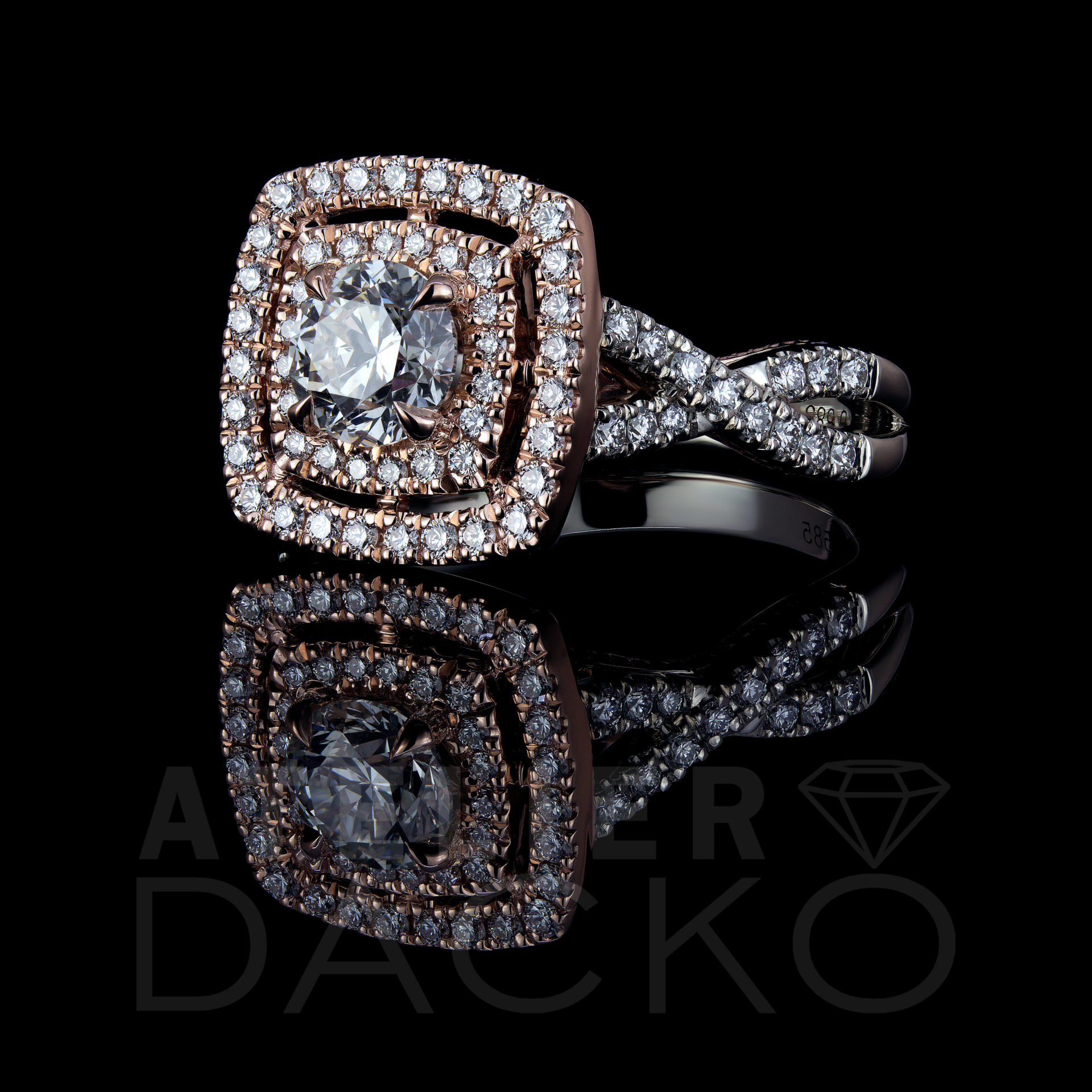 Side Facing 0.64 CT Round Diamond Double Halo Ring with a Ribbon Shank