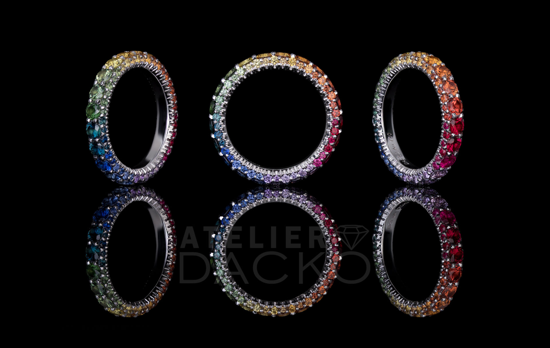 Front and Side Facing Rainbow Sapphire Eternity Bands