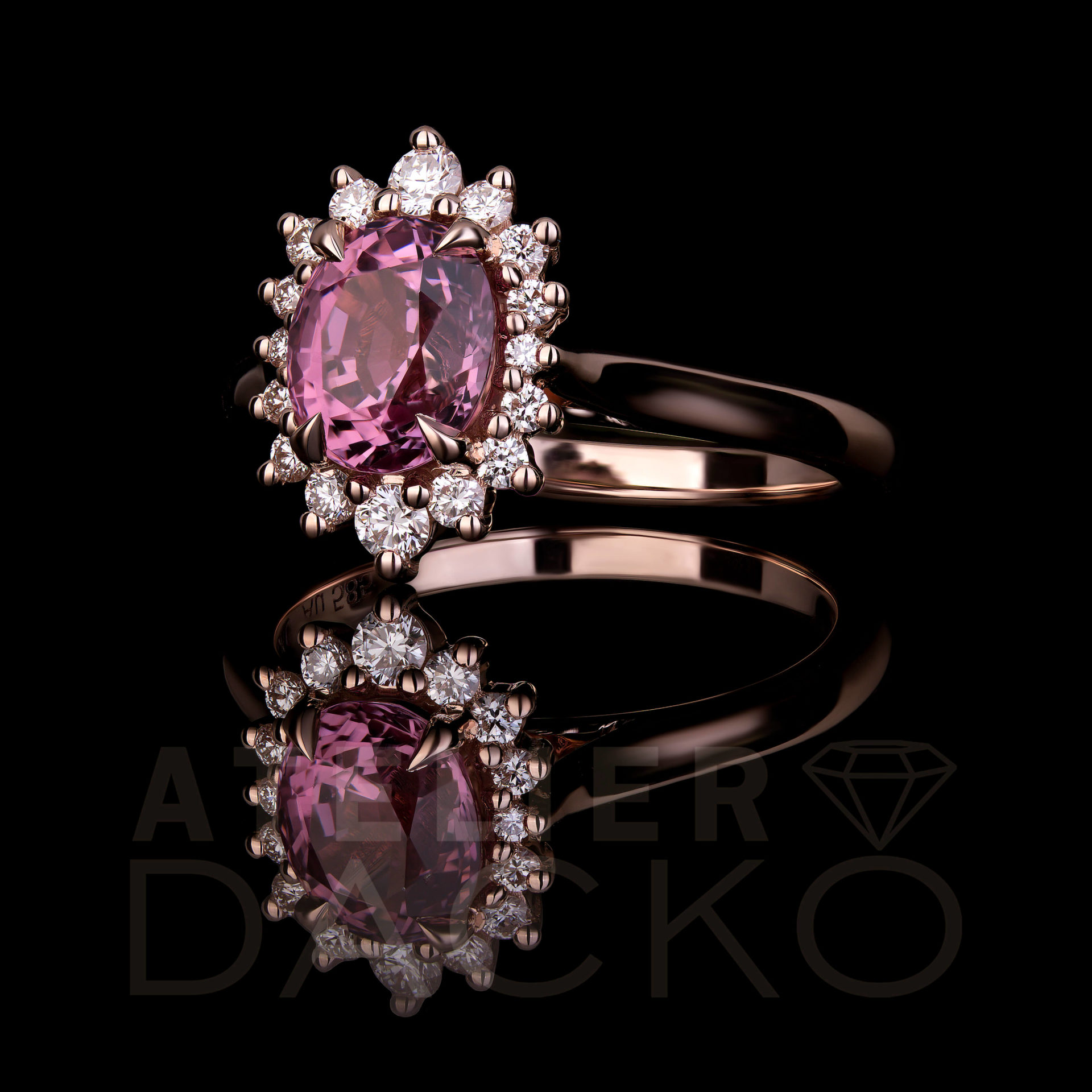 Side Facing 1.43 CT Pink Oval Spinel with Floral Halo Ring