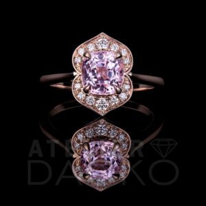 Front Facing 1.31 CT Cushion Pastel Pink Spinel Ring with Bright Cut Halo