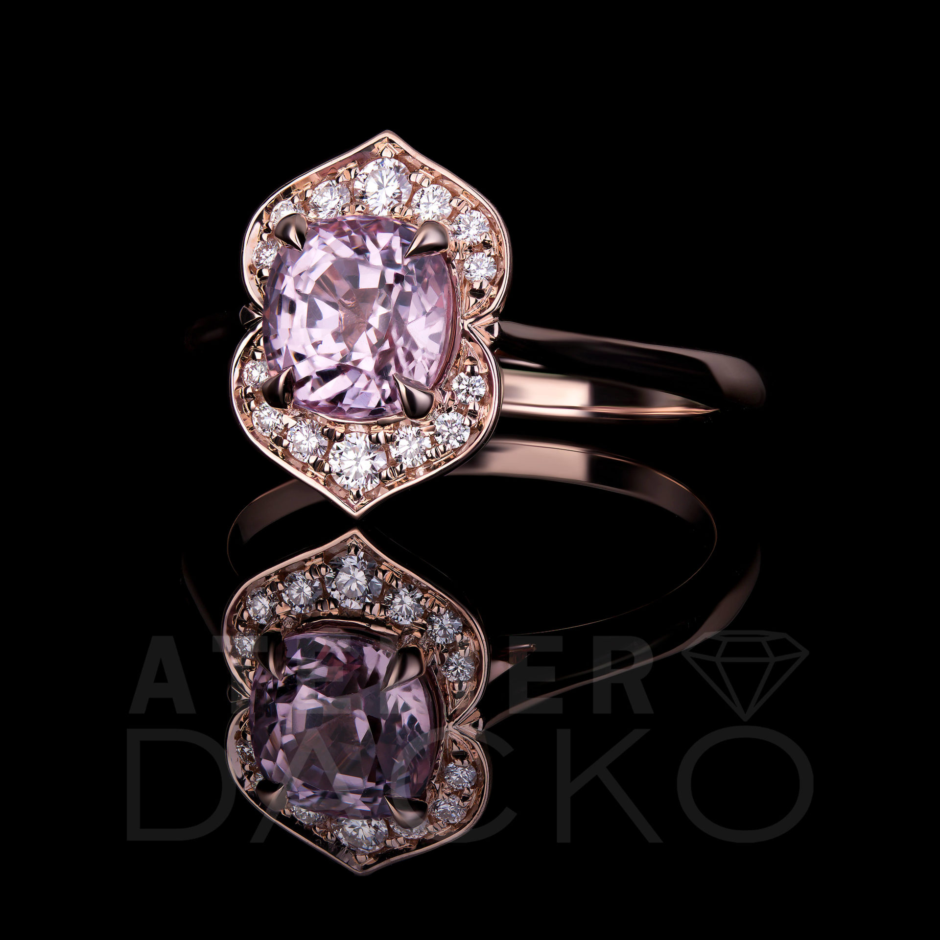 Side Facing 1.31 CT Cushion Pastel Pink Spinel Ring with Bright Cut Halo