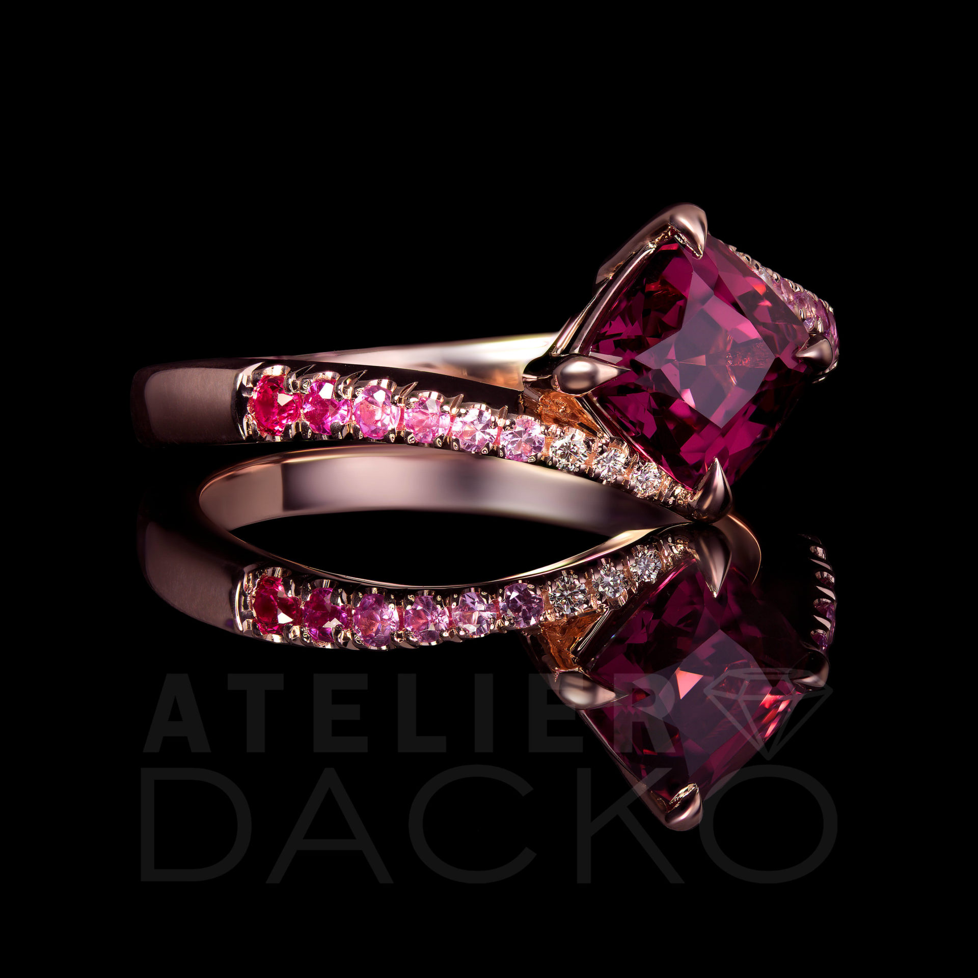 Side Facing 1.28 CT Raspberry Pink Spinel Ring with Gradient Shank