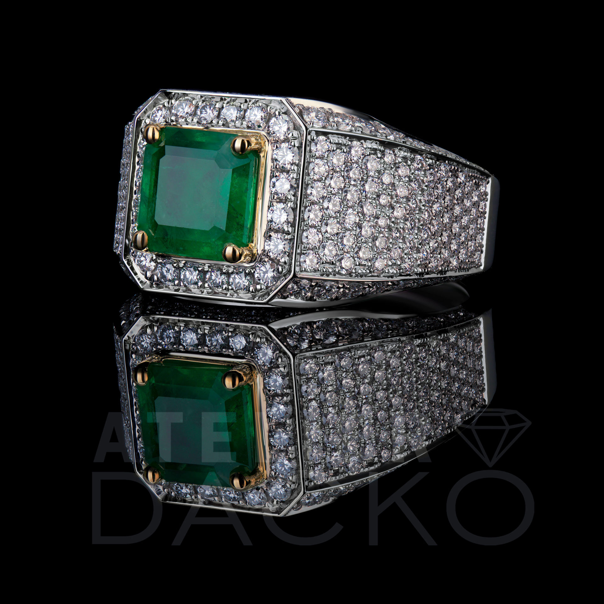 Side Facing Men's Emerald and Diamond Pavé Signet Ring