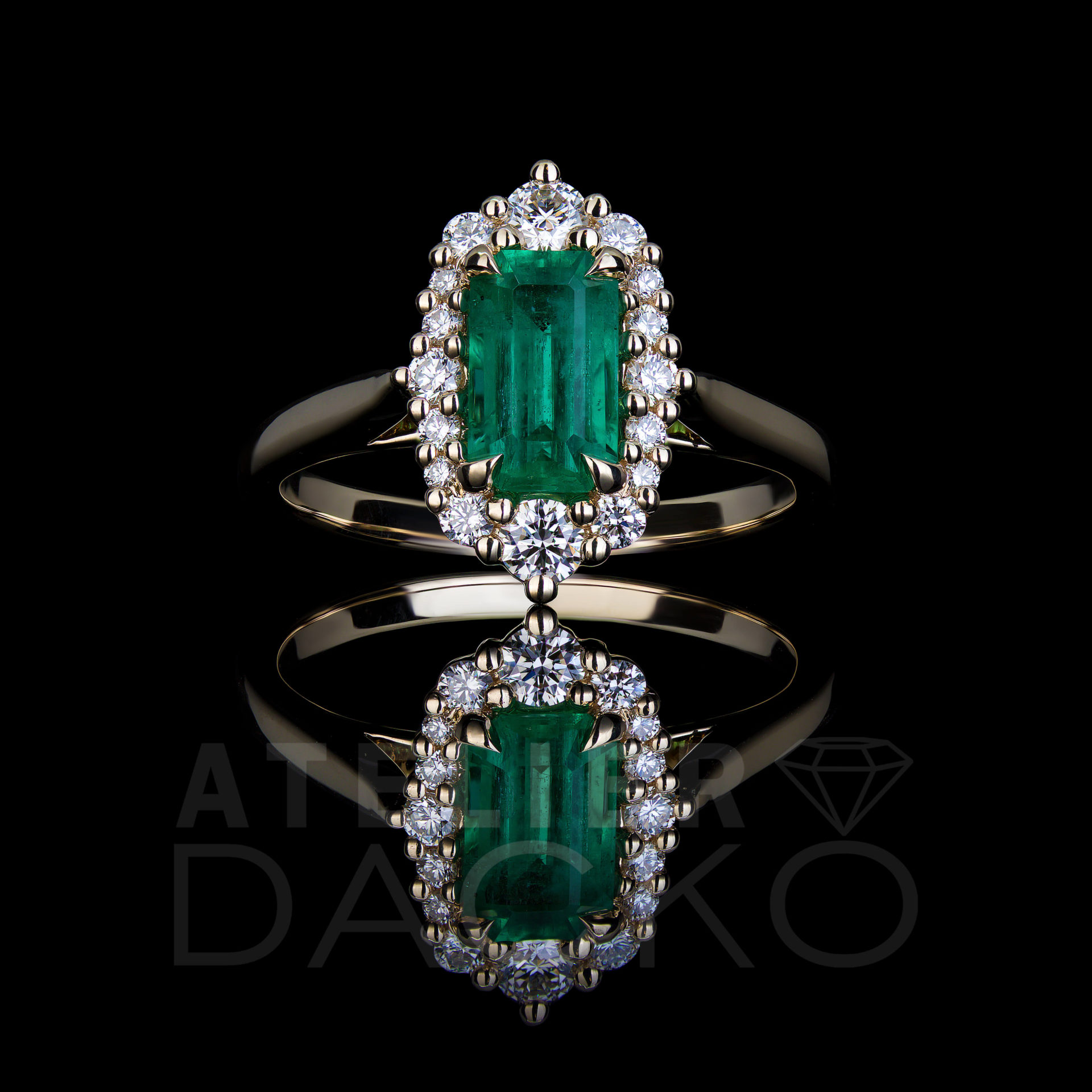 Front Facing 1.12 CT Emerald Ring with a Modern Vintage Diamond Halo
