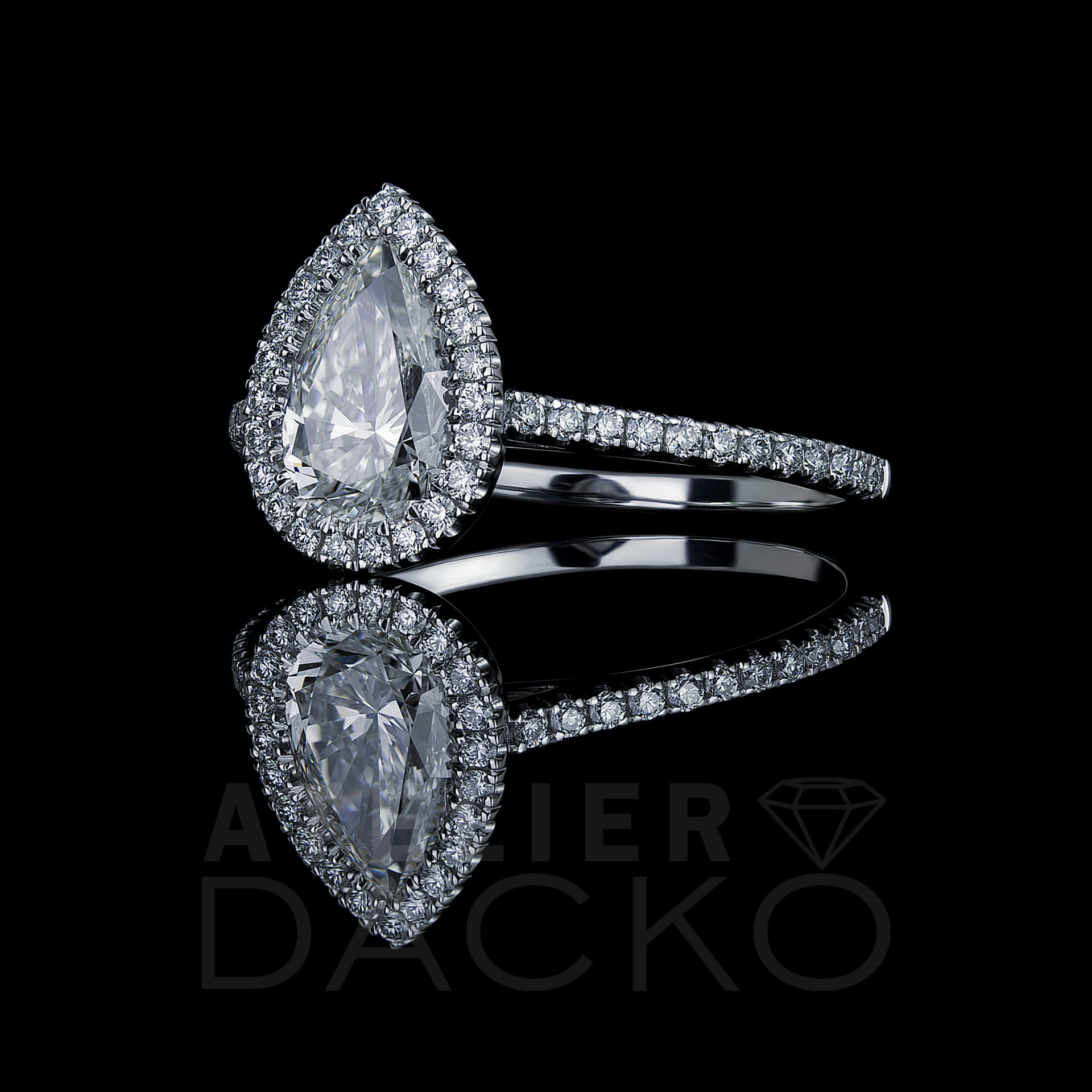 Side Facing 1.60 CT Pear Cut Diamond Engagement Ring in a Clawless Halo Setting