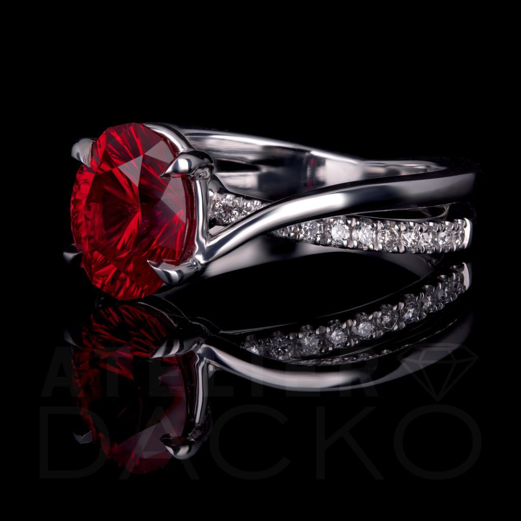 Side Facing 2.00 CT Custom Cut Oval Ruby Ring with Intertwining Dual Band