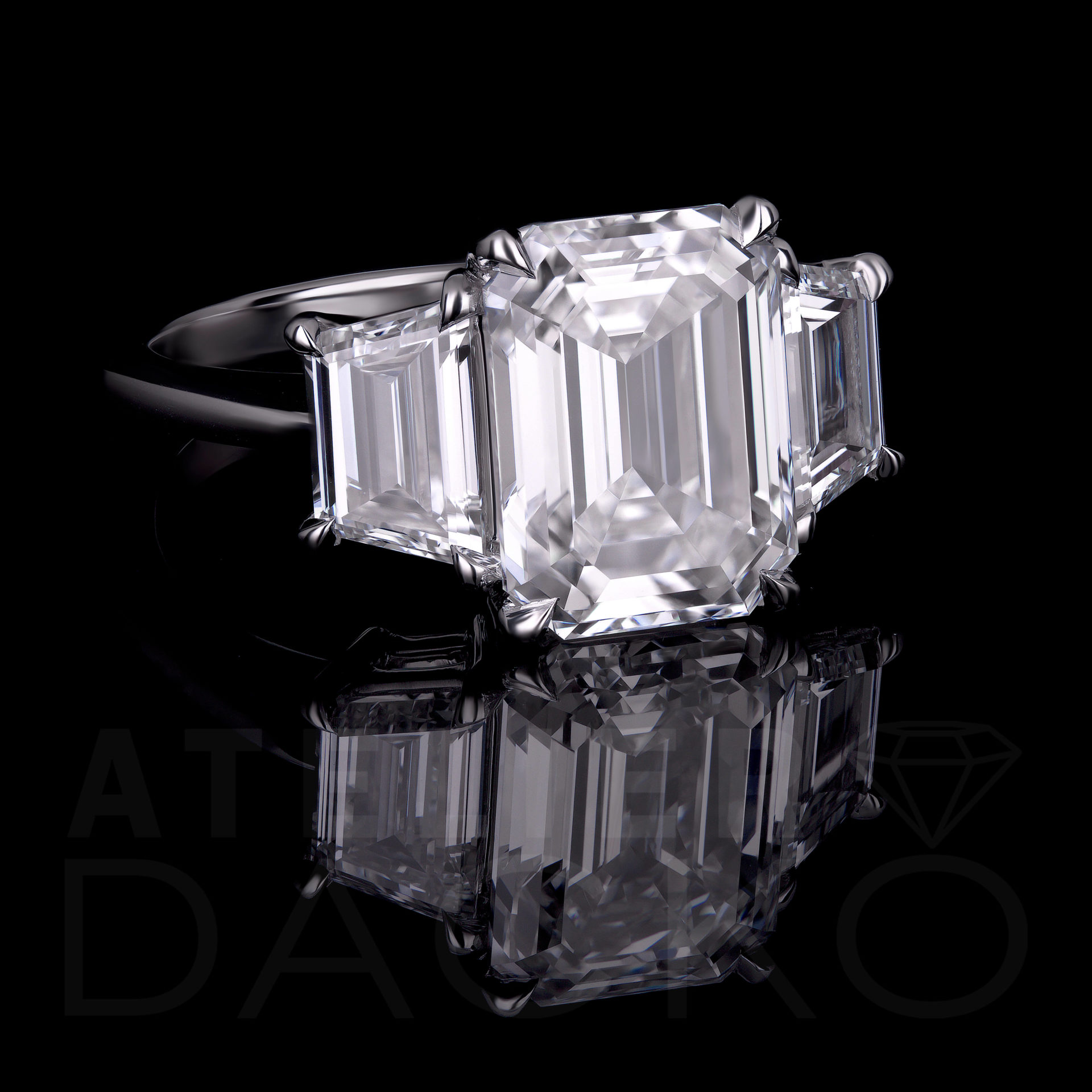 Side Facing 3.00 CT Emerald Cut Diamond Engagement Ring in Three-Stone Setting