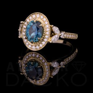 AD136-1.50 CT Oval Montana Sapphire Ring with Milgrain and Diamond Detailing-2