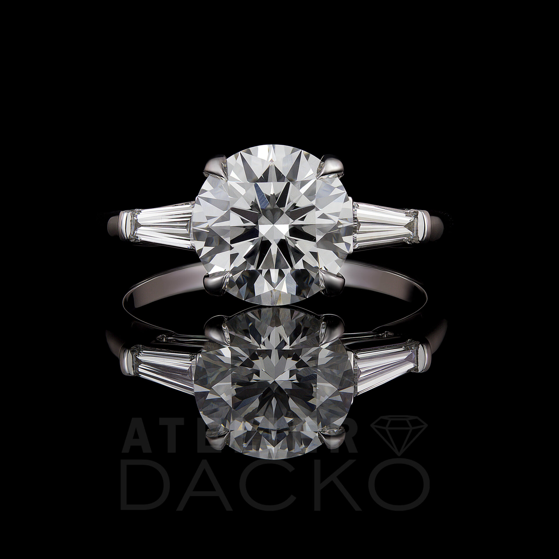 Front Facing 1.70 CT Round Diamond Engagement Ring with Tapered Baguette Sides