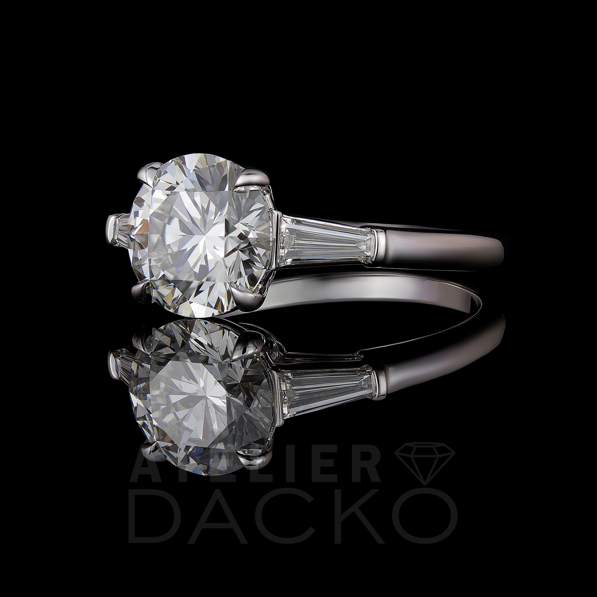 Side Facing 1.70 CT Round Diamond Engagement Ring with Tapered Baguette Sides