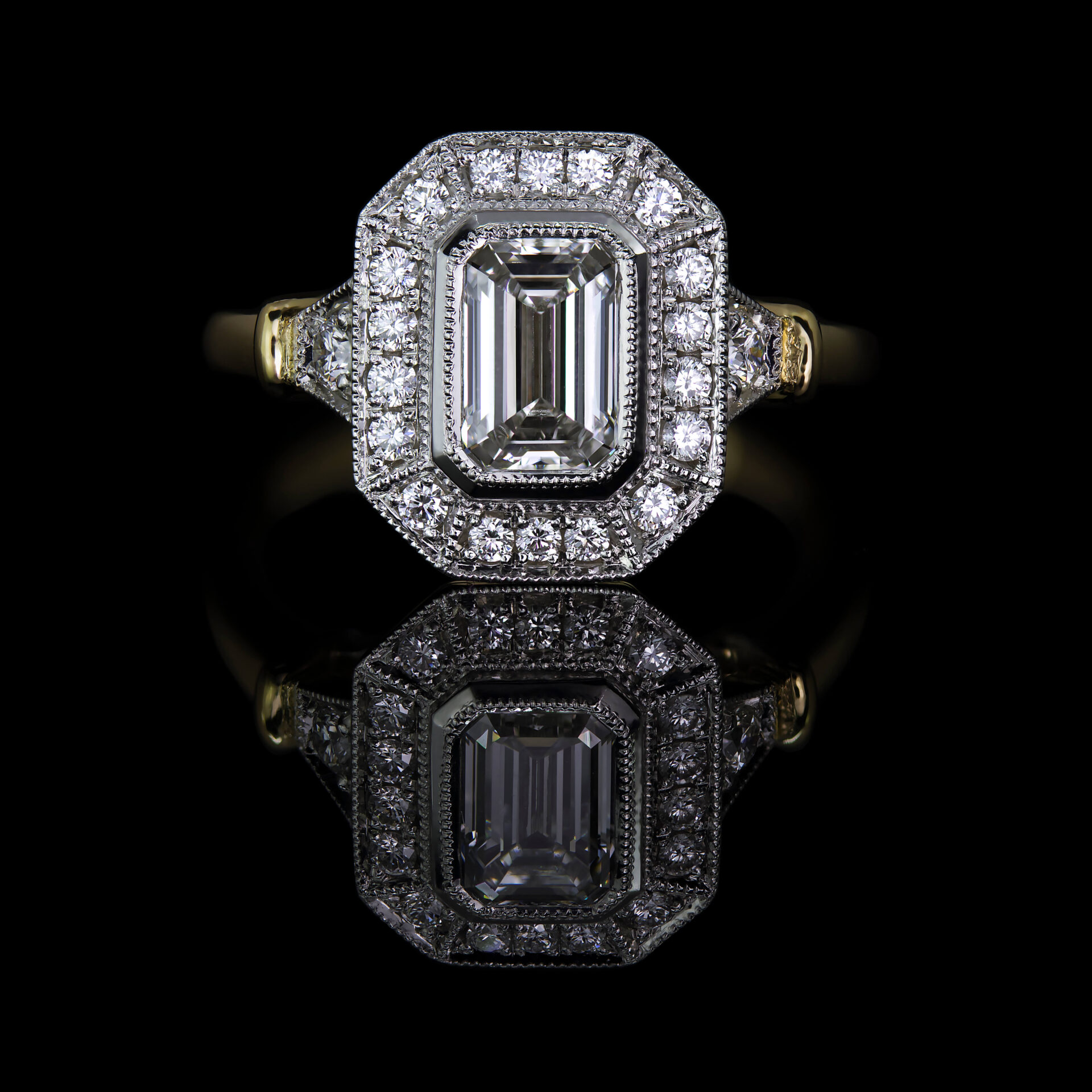 Front Facing 0.80 CT Vintage Halo Emerald Cut Engagement Ring